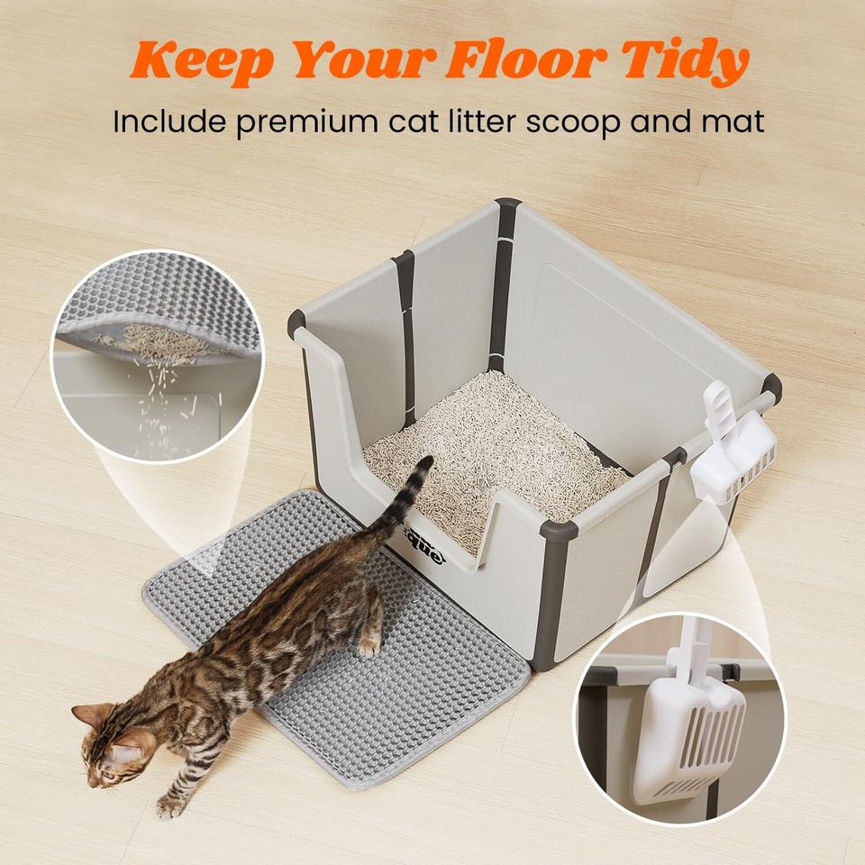 High Sides Large Cat Litter Box, Low Entry Open Top Foldable Portable