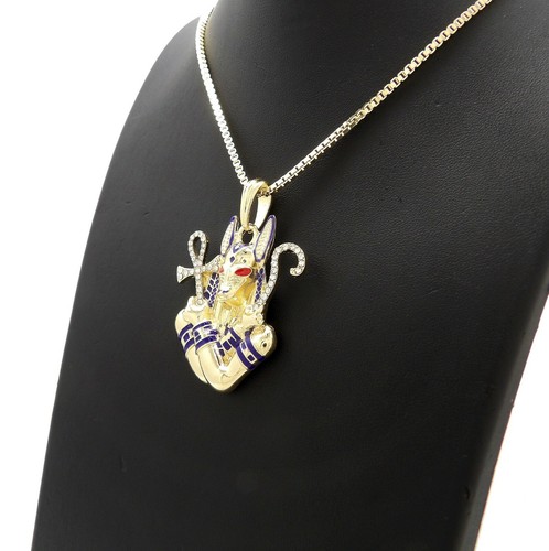 Iced Gold PT Egyptian Anubis Pendant & Box Cuban Rope Chain Hip Hop Necklace - Picture 9 of 43