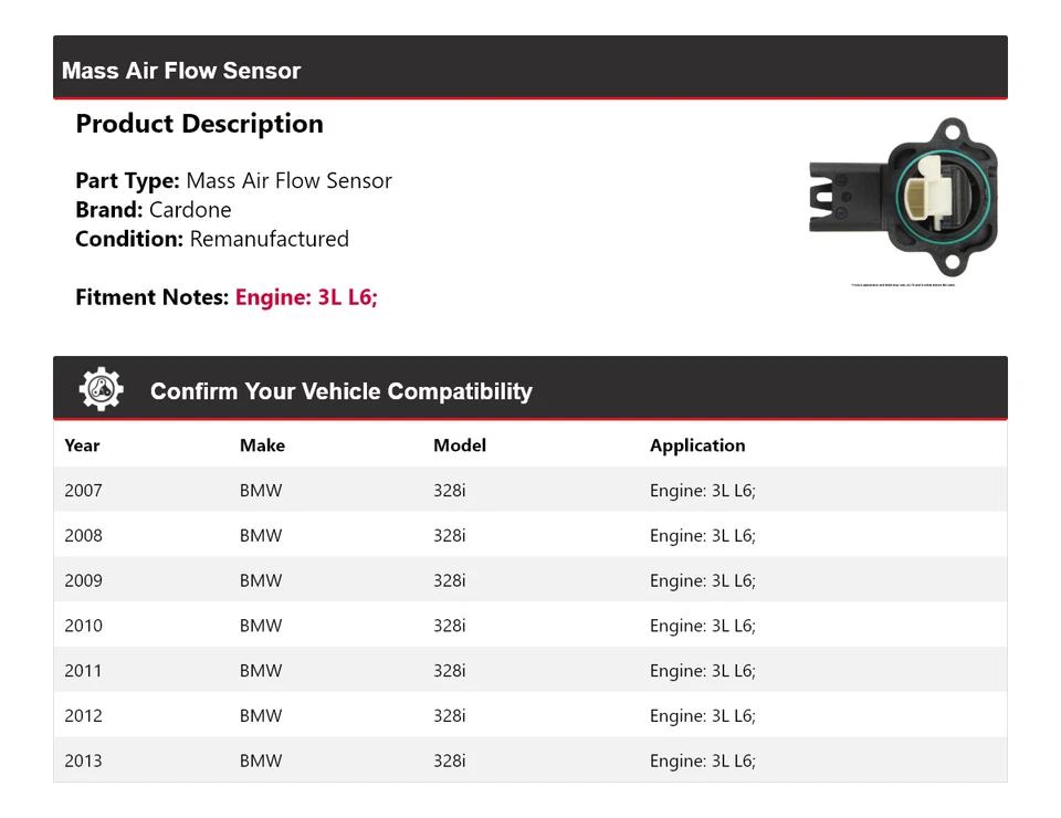 Sensor de flujo de aire másico Cardone 2008 2009 2010 2011 para BMW 328i 3L L6 2007-2013 Foto 2 de 4