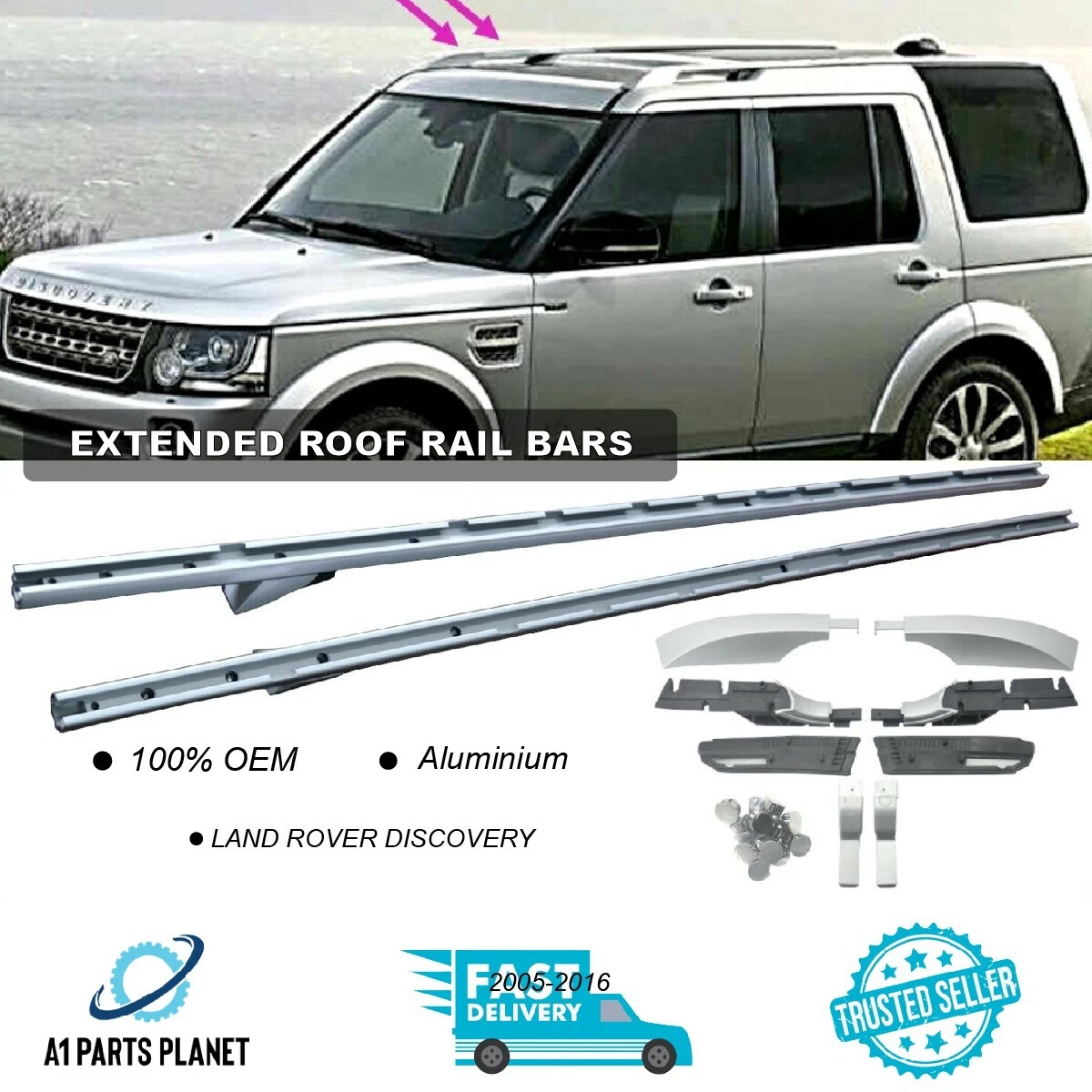 FIT LAND ROVER DISCOVERY 3 4 ALUMINIUM EXTENDED ROOF RAILS BARS SLIVE 100 OEM