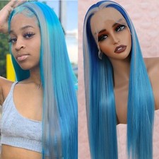 Glueless Straight Ombre Blue Hair Lace Front Wigs Pre Plucked Synthetic Party
