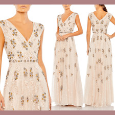 NWT $998 Mac Duggal [ 4 ] Embellished Wrap Over Cap Sleeve A-Line Gown G1669