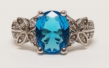 NOS 925 Sterling Silver London Blue Topaz Color Glass  Cubic Zirconia Ring sz 6