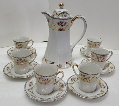 Noritake Morimura Japan Chocolate Tea Pot Set 6 Cup & Saucers Gold Roses Antique