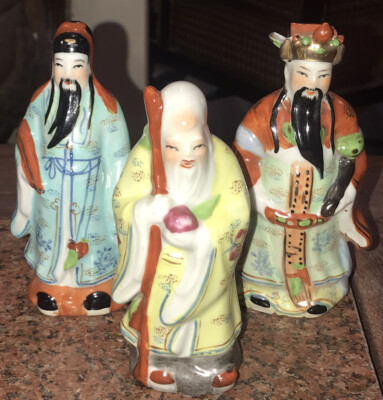 PR Chinoiserie Asian 2 Men Robe Figurines Orange White Blue EUC 3.25 4