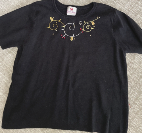 Quacker Factory Black Short Sleeve Sweater Embroidered Front Knit Top XL - Afbeelding 1 van 8