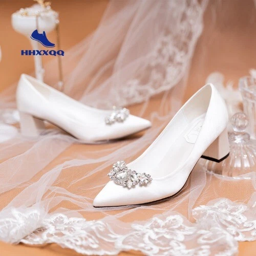 White wedding shoes thick top heel