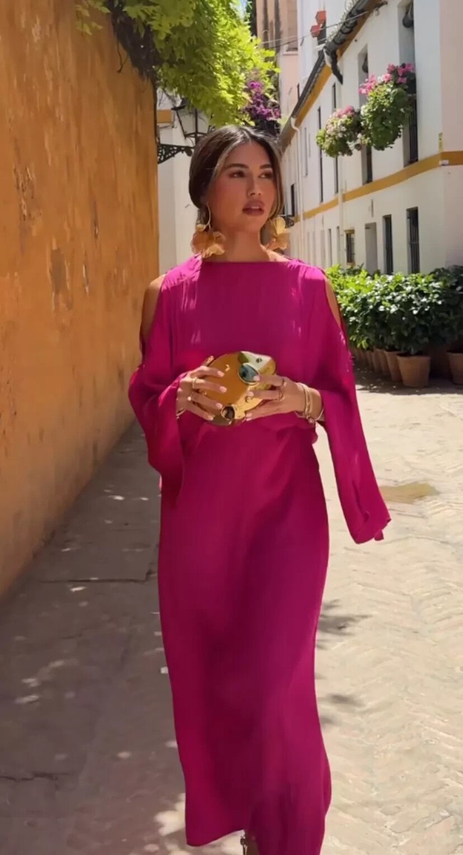 ZARA SATIN DRESS WITH BACK NECKLINE DETAIL MAGENTA SS24