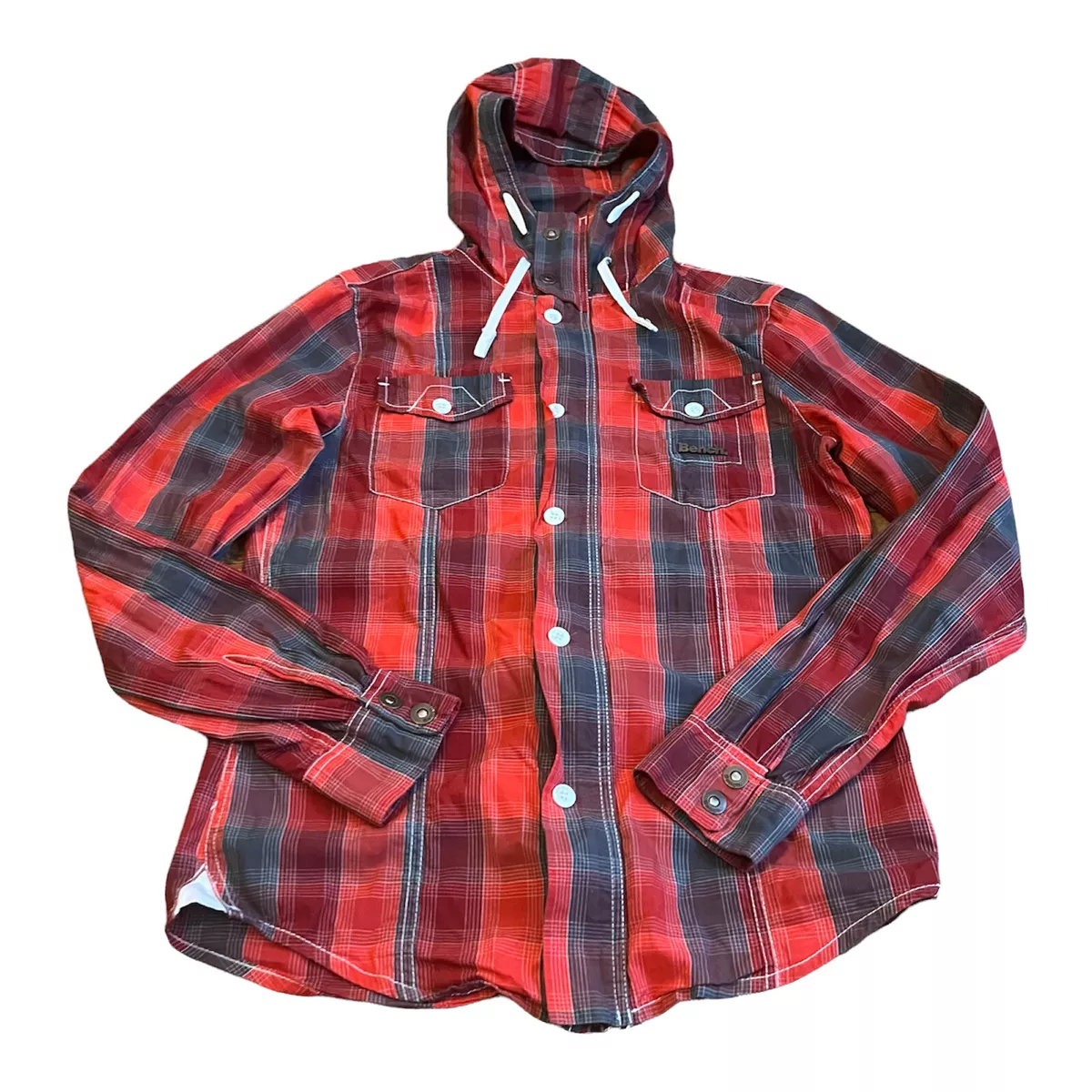 Bench Mens Red Check Long Sleeve Causal Zip Hooded Shirt Jacket Size Medium Slim