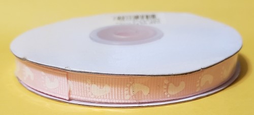 25 Yards Pink with White Printed Baby Feet Grosgrain Ribbon 3/8" x Baby Shower - Picture 2 of 6