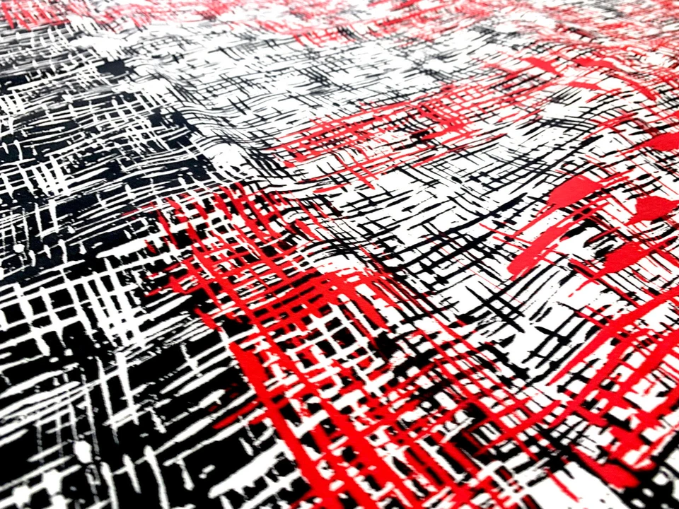 Tela estampada roja en blanco y negro de moda con elástico por yarda Foto 3 de 4