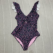 Aerie Swimsuit M Long One Piece Bathing Suit Pink Flowers Ruffle