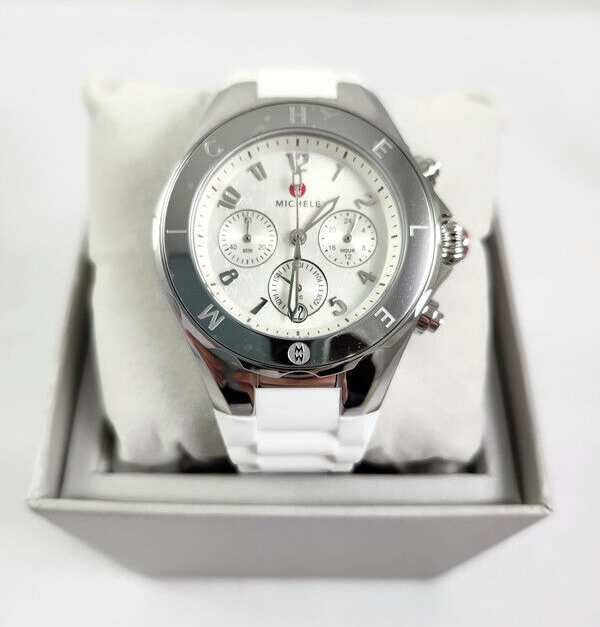 NEW Michele Tahitian Jelly Bean White & Silver Chrongraph Watch