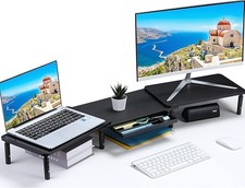 ETHU Dual Monitor Stand Riser with Storage Drawer, Adjustable Desktop Organizer 