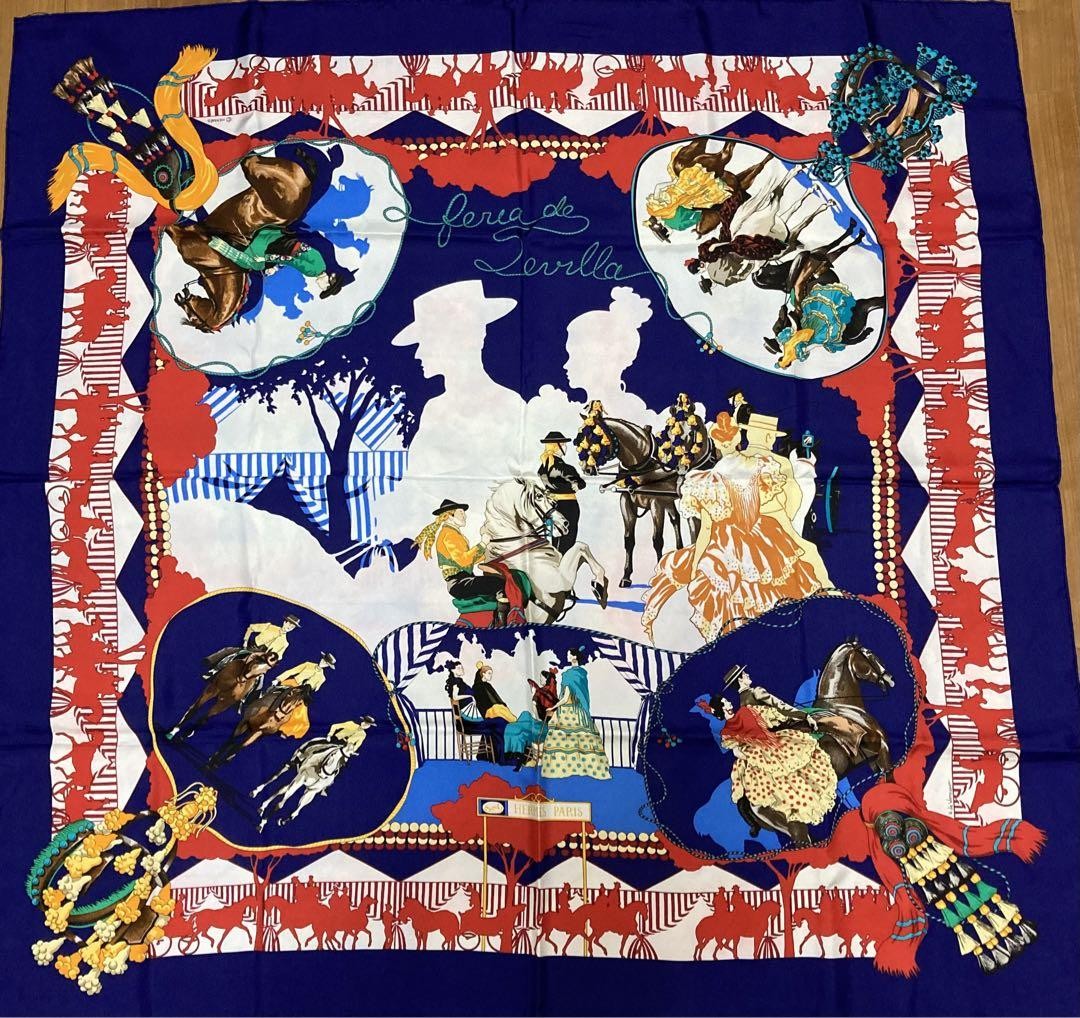 Hermes Carre 90 Sevilla Navy Silk Scarf Excellent Used No Box