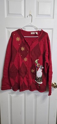Classic Elements Woman Christmas Cardigan Sweater Santa Presents Red Argyle Plus