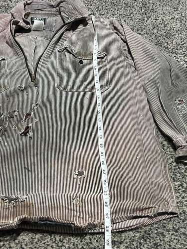 Distressed Key Shirt Mens Size Large Reg Hickory Stripe Logger Pockets 1/4 Zip - Picture 3 of 6