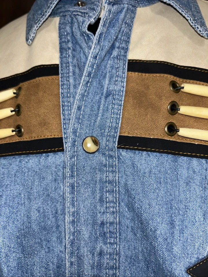 Mens Vintage Rivergold Denim Shirt Lg XL  Faux Lthr Pearl Snaps Southwestern - Image 3 of 4