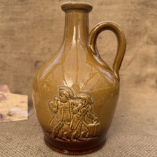 Vintage Stoneware Whisky Jug Tavern Scene Brown Drip Glaze Country Kitchen