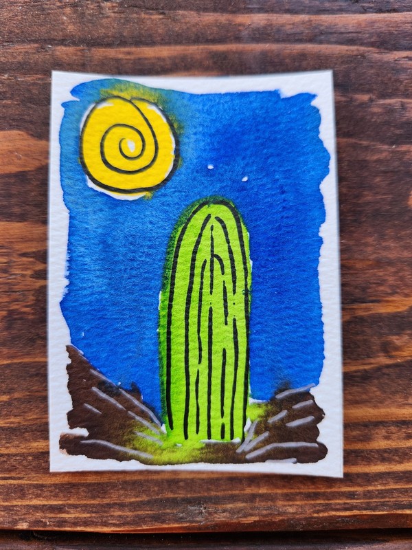 ACEO orginal watercolor painting barrel cactus by Cactus Moon Design 2.5x3.5