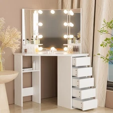 Corner Makeup Vanity Desk with Mirror & Lights 5 Drawers Dressing Table Bedroom