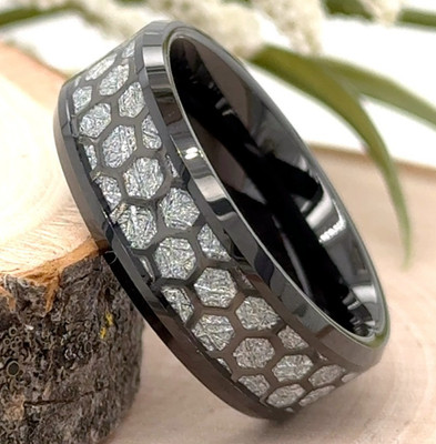 8mm Black Tungsten Christmas Gifts Ring Silver Meteorite Honeycomb Pattern Band