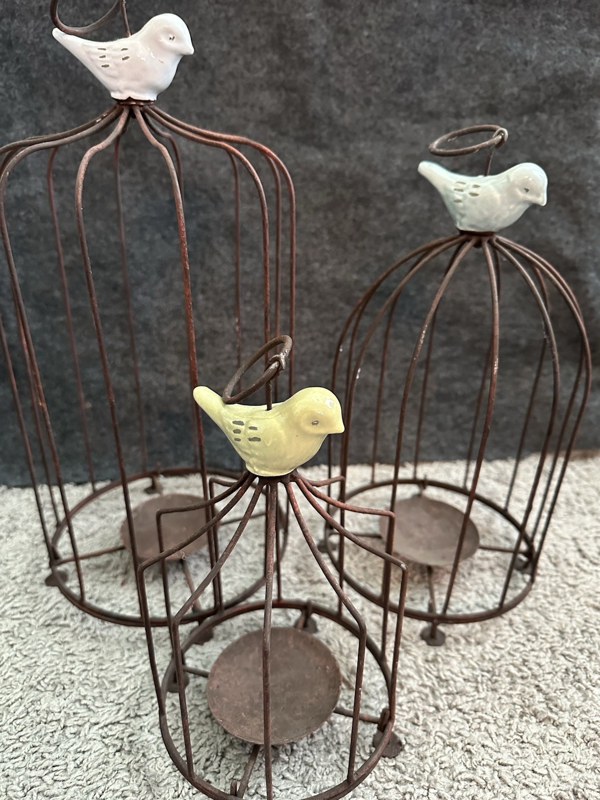 Trio of Rustic Farmhouse Country Metal Decorative Bird Cages with Birds on Top