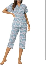 Tugege Capri Pajamas Set Women Button Down Short Sleeve Lounge Sleepwear Sz M