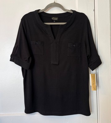 Essentials by A.B.S. Women s Black Split V-Neck Top Large Roll Tab Sleeves NWT