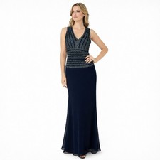 Vintage JKARA New York Size 10 Beaded Formal Evening Maxi Dress Navy Blue