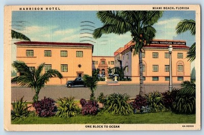 c1949 Miami Beach Florida FL Vintage Postcard Harrison Hotel Solarium Building