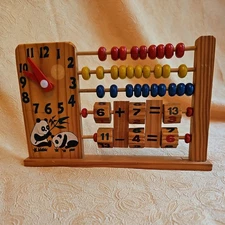Vintage Wooden Abacus Learning Toy with Clock Counting Math Collectible Children