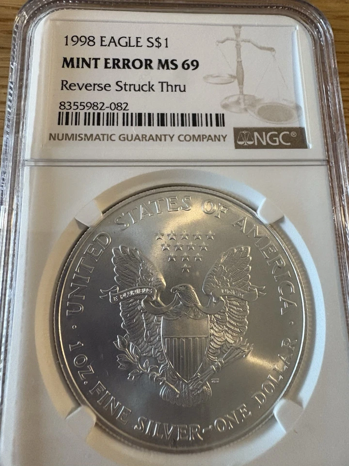 Reverse Struck Thru error 1998 Silver Eagle Mint Error Ms69 Ngc Rare, Beautiful  - Image 2 of 4