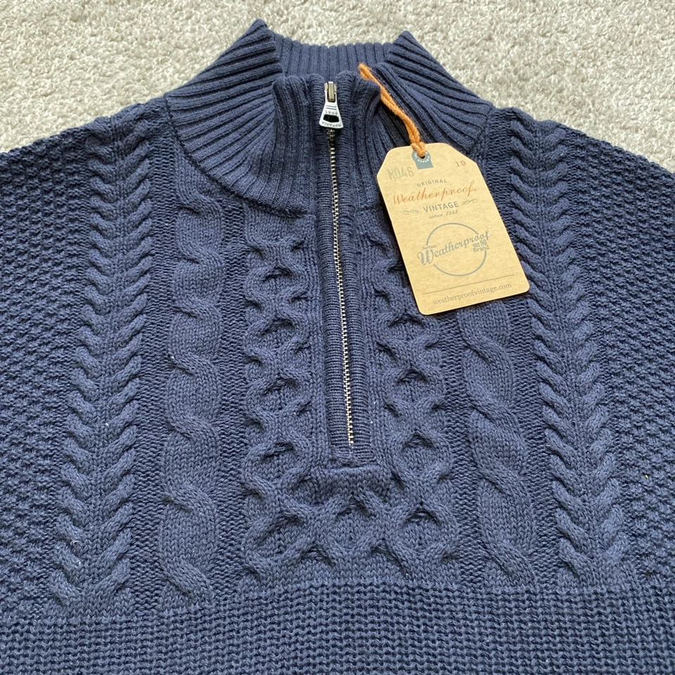 防水复古毛衣 L 码 1/4 拉链领海军蓝渔夫针织全新带标签 — 第 2/4 张图片