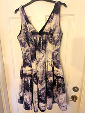 River Island Black White Grey Abstract Fit & Flare Dress V-Neck Sleeveless UK 10