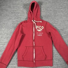 Sudadera con Capucha Hollister De Colección Hombres Grande Roja Forrada con Gofres Surf Envejecida Cremallera Completa Y2K