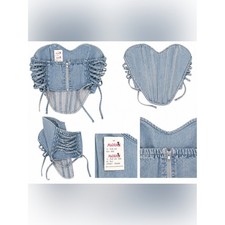 Y2K Denim Lace-Up Corset Top Light Blue Large Zipper Closure