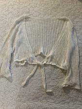 White Open-Knit Tie Front Bolero Shrug Sweater Women  s Size S 3/4 Sleeve