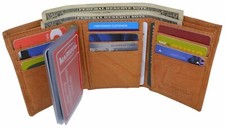 Tan Genuine Leather Credit Card Holder With Outside ID Window Trifold Wallet NEW
