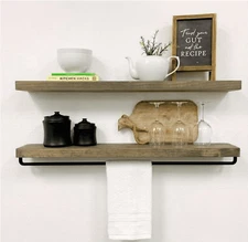 Set 2 NEW gray Wall Mount Floating Shelves, 36" x 5.5" Grey Wood with towel bar