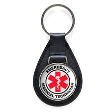 Emergency Medical Technician Black Leather Keychain Silver Keyring Military