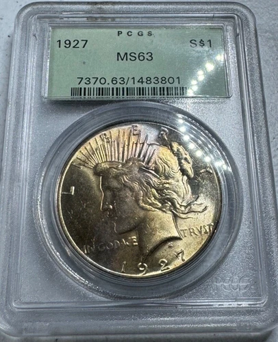 1927  PEACE US Mint Silver Dollar,   MS63 by PCGS,   OGH Toner,   SUPERB coin!!!