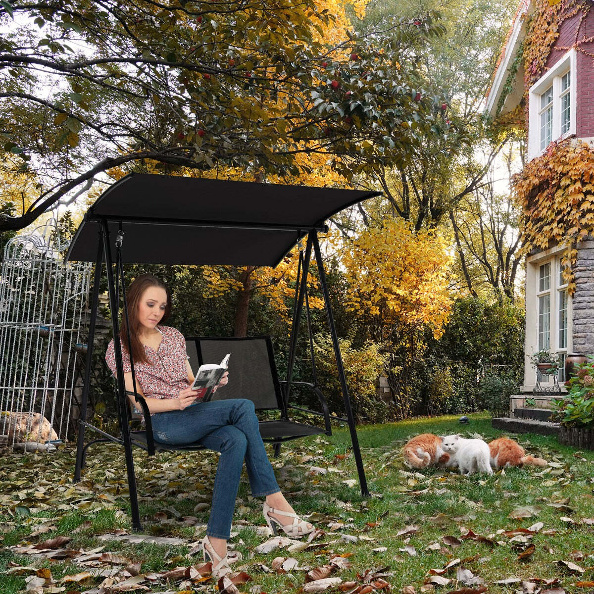 NNECW 2-seat Outdoor Swing with Adjustable Canopy for Patio/Garden-Black