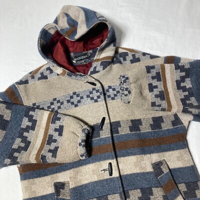 Vintage Hooded Karizma Southwest Aztec Wool Blend Blanket Coat Women's size 12