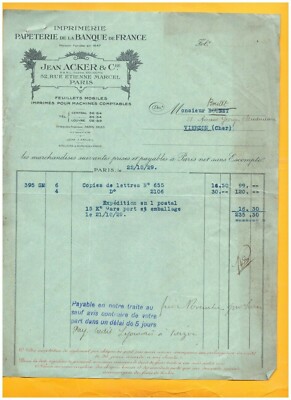 PARIS (II°) DRUCKEREI PAPETERIE der BANQUE DE FRANCE ''Jean ACKER'' 1929
