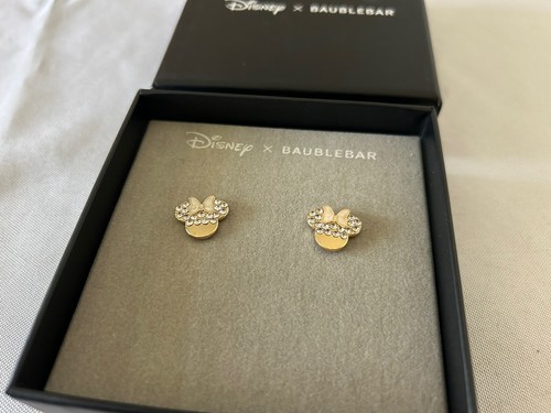 Disney X Baublebar Minnie Mouse Earrings Gold Rhinestone Ears Marble Colored Bow - Picture 5 of 8