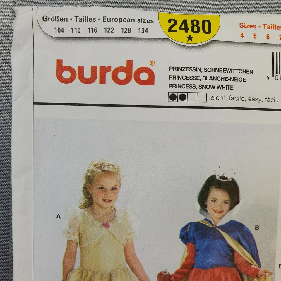 Burda Pattern 2480 Girls Costume Snow White 2 Dresses Cape Sz 4 - 9 UNCUT - Image 2 of 4