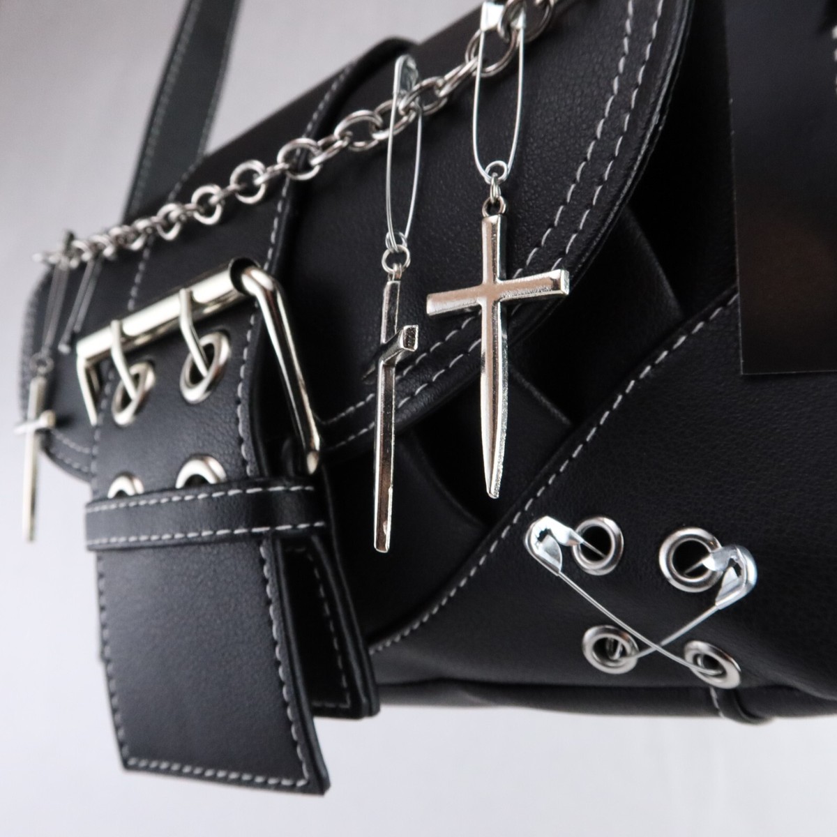 Gothic Crossbody Bag Purse Baguette Clutch Safety Pins Crosses