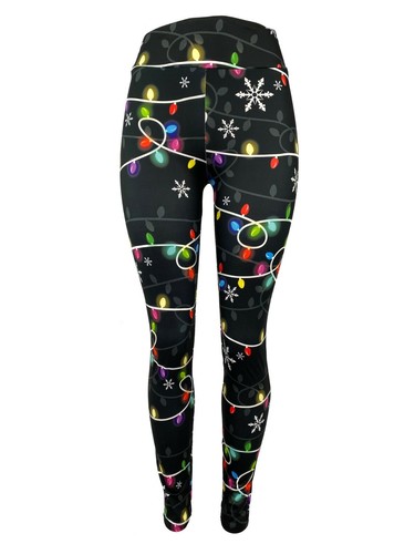 Colorful Christmas Lights & Snowflakes Black Leggings