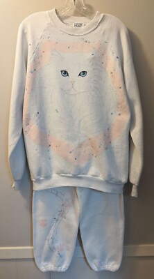 Womens Big Face Cat Sweatshirt Pants Suit HAND PAINTED Sz L /M FAST SHIP